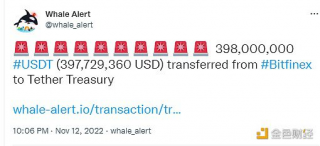 近4亿枚USDT从Bitfine转移到Tether Treasury
