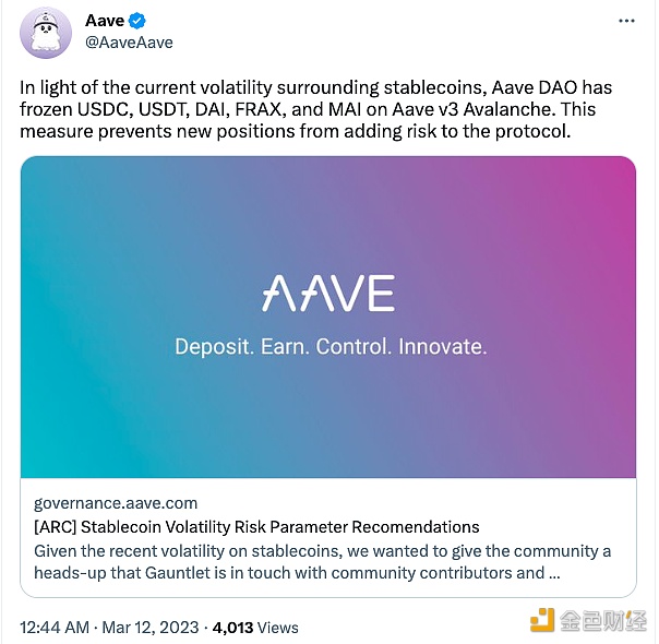 Aave DAO已在Aave v3 Avalanche上冻结了USDC、USDT、DAI、FRAX和MAI-第1张图片-欧意下载